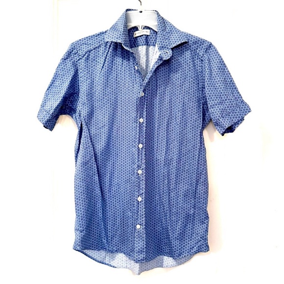 Etro Cornflower Blue Print Cotton Short Sleeve Button Down Shirt